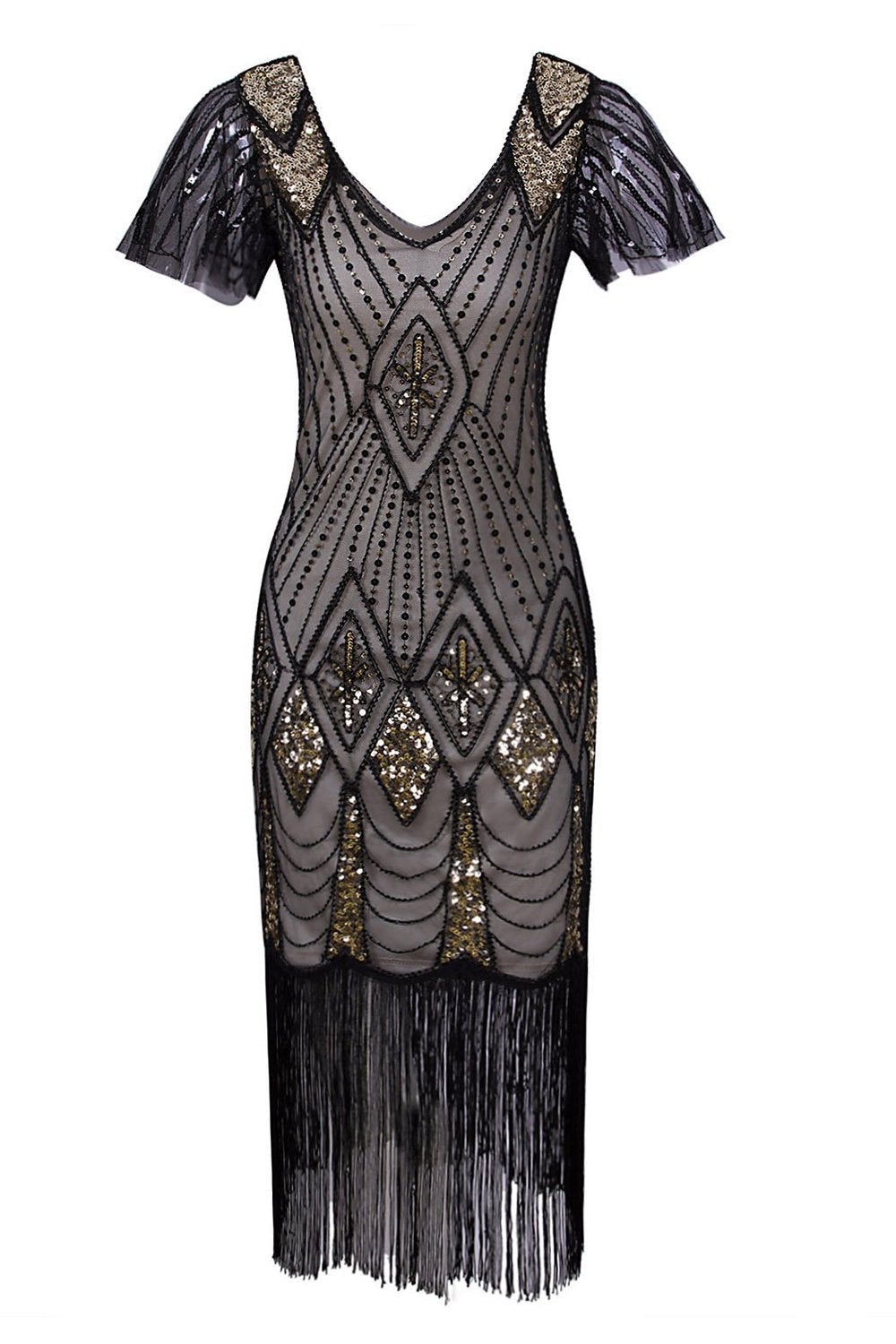 Black Sequin Fringe 1920s Dress