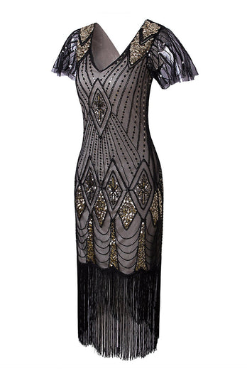 Black Sequin Fringe 1920s Dress