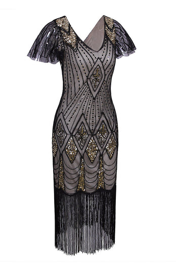 Black and Gold Sequin 1920s Dress