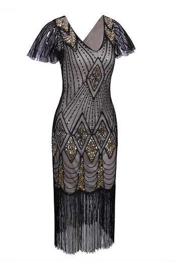 Black Sequin Fringe 1920s Dress