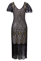 Load image into Gallery viewer, Black Sequin Fringe 1920s Dress