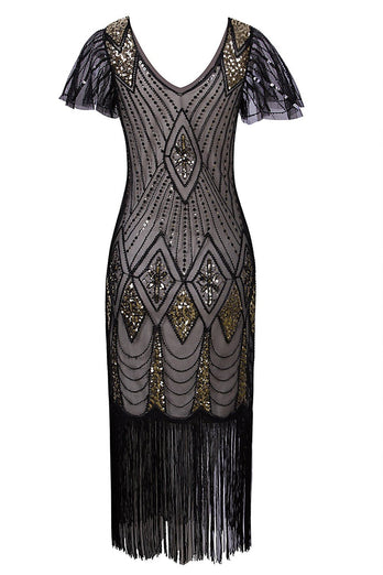 Black Sequin Fringe 1920s Dress