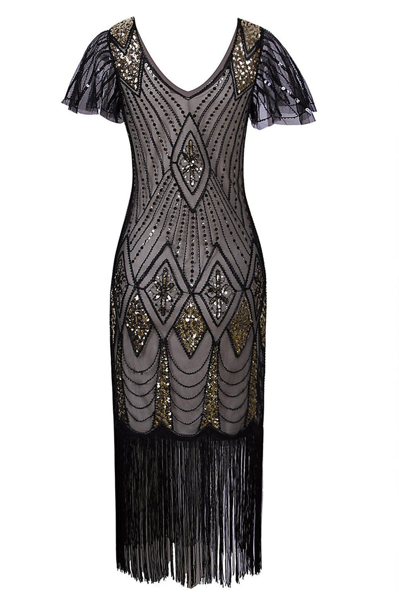 Load image into Gallery viewer, Black Sequin Fringe 1920s Dress