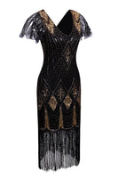 Load image into Gallery viewer, Black Sequin Fringe 1920s Dress