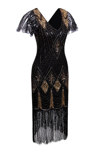 Black Sequin Fringe 1920s Dress