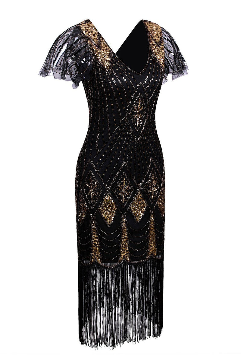 Load image into Gallery viewer, Black Sequin Fringe 1920s Dress