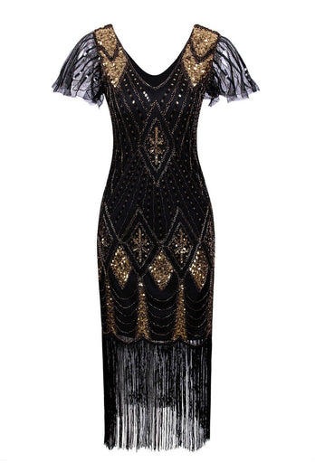 Black and Gold Sequin 1920s Dress