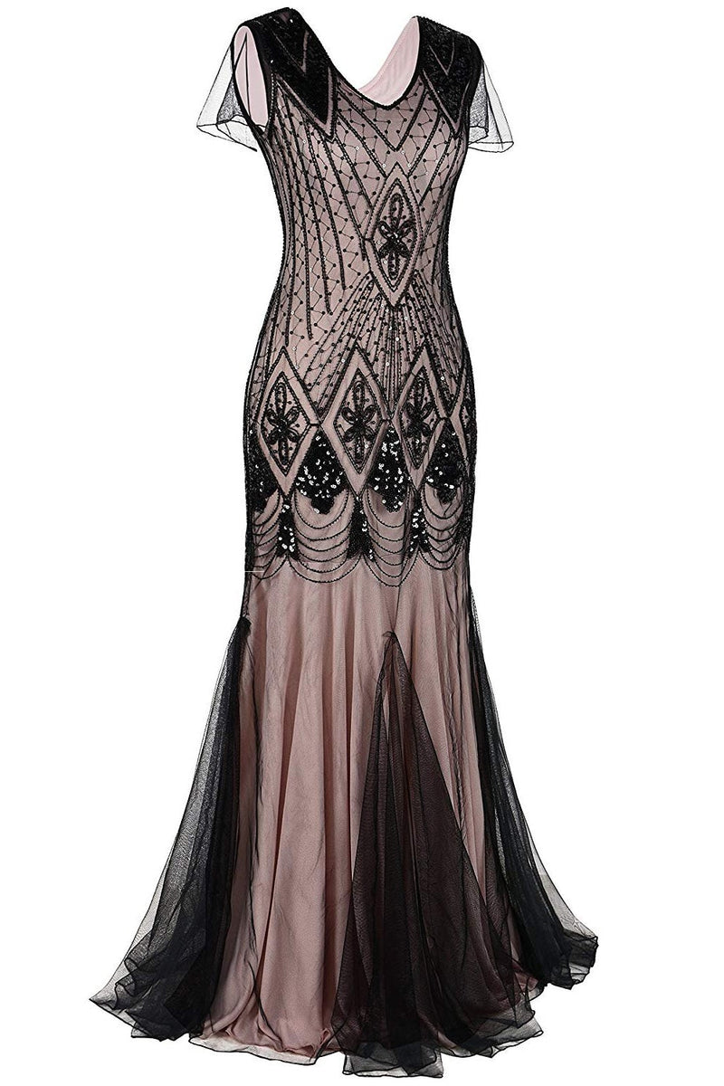 Load image into Gallery viewer, Black and Gold Long Sequin 1920s Dress