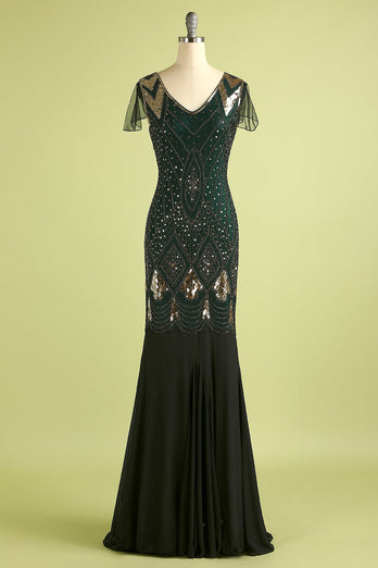 Black and Gold Long Sequin 1920s Dress