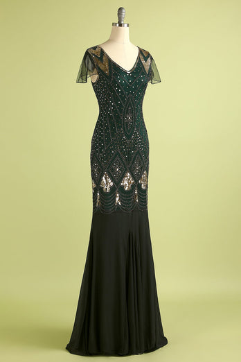 Black and Green Long Sequin 1920s Dress