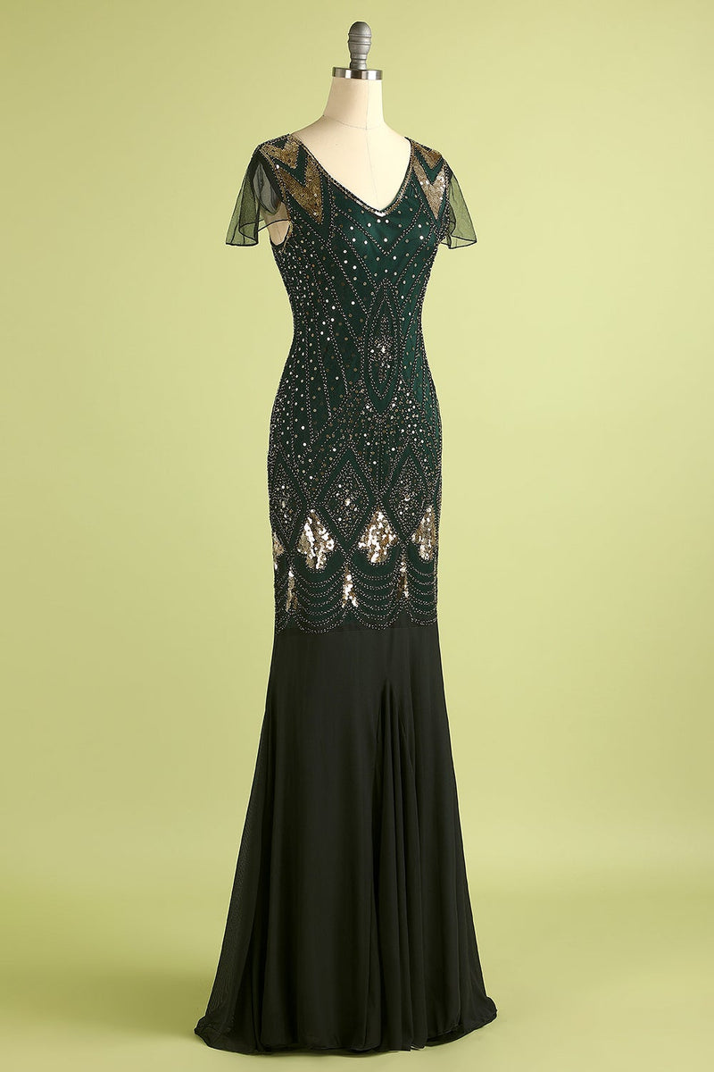 Load image into Gallery viewer, Black and Gold Long Sequin 1920s Dress