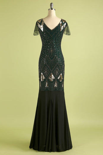 Black and Gold Long Sequin 1920s Dress