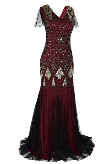 Black and Gold Long Sequin 1920s Dress