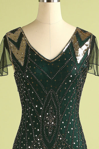 Black and Green Long Sequin 1920s Dress