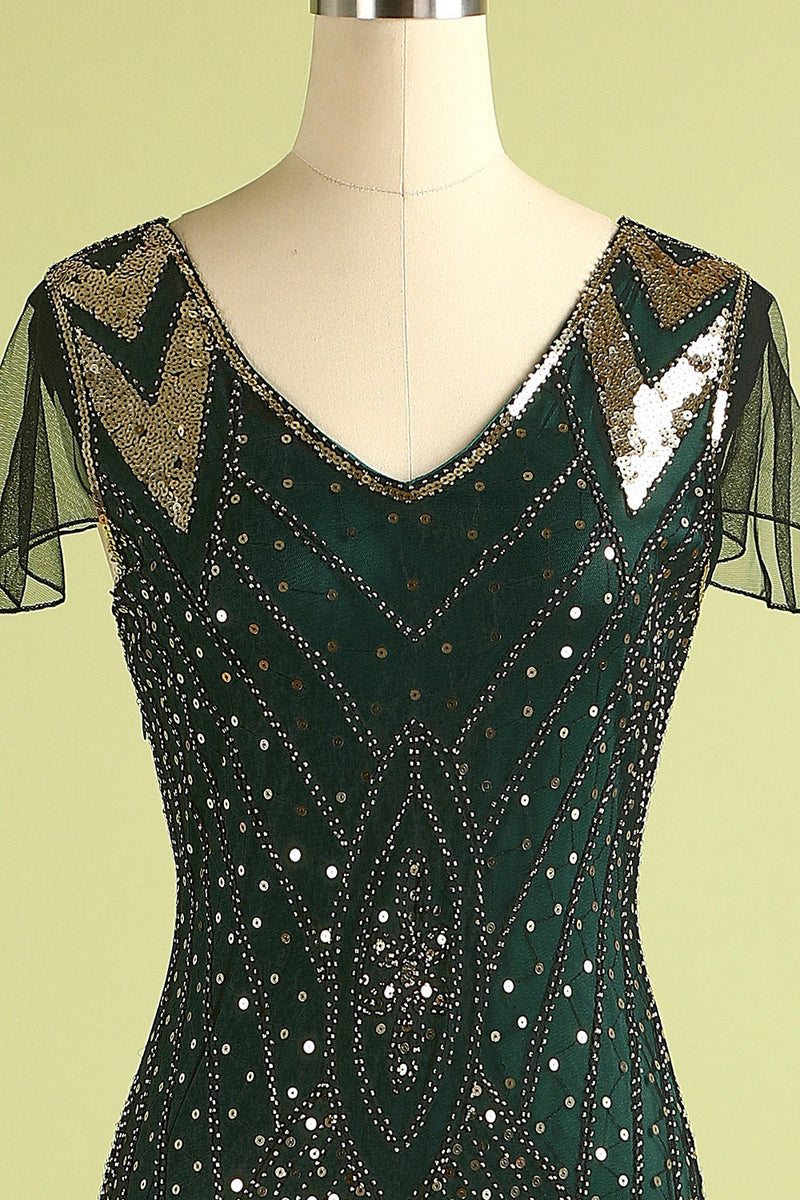 Load image into Gallery viewer, Black and Green Long Sequin 1920s Dress