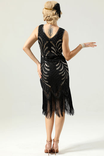 Black and Gold V Neck Sequin 1920s Flapper Dress
