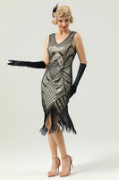 Load image into Gallery viewer, Black and Gold V Neck Sequin 1920s Flapper Dress