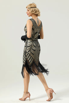 Black and Gold V Neck Sequin 1920s Flapper Dress