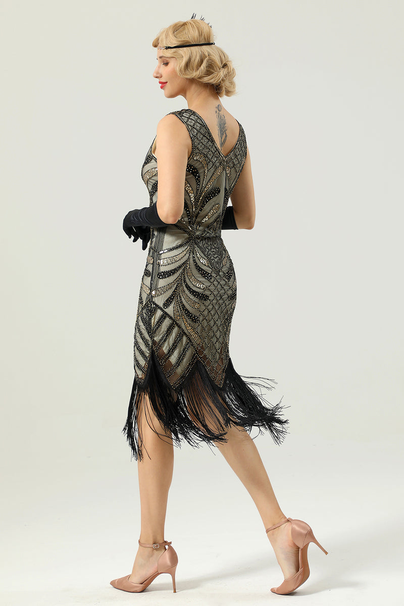 Load image into Gallery viewer, Black V Neck Sequin 1920s Flapper Dress