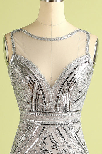 Silver Long Tulle Sequin 1920s Dress