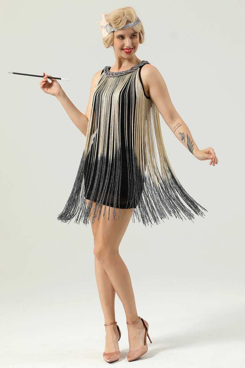 Load image into Gallery viewer, Round Neck Black Fringed 1920&#39;s Dress