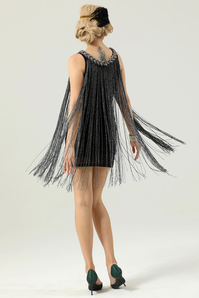 Load image into Gallery viewer, Round Neck Black Fringed 1920&#39;s Dress