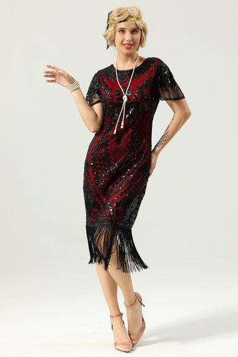 1920 Black&Red Sequins Dress with Batwing Sleeves
