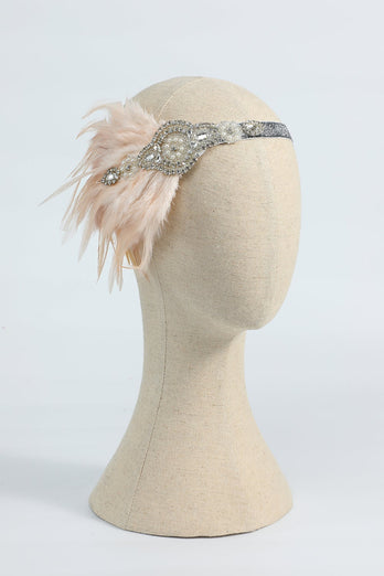 Blush 1920s Beaded Sequin Headband with Feather