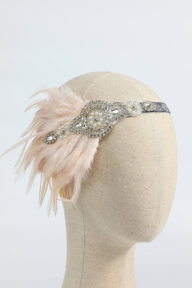 Load image into Gallery viewer, Blush 1920s Beaded Sequin Headband with Feather