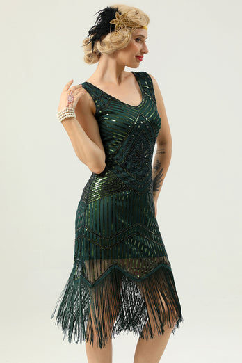 1920 Retro Dark Green Sequin Fringe Dress