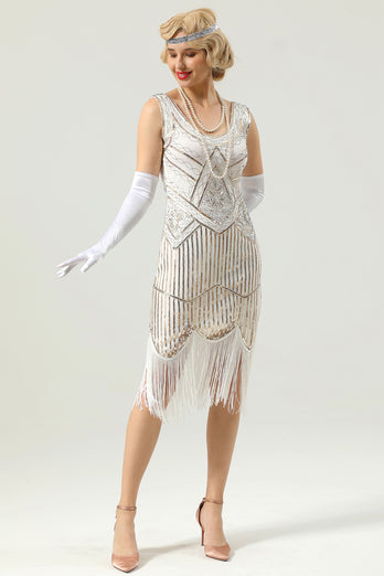 1920 Retro White Sequins Fringe Dress