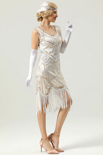 1920 Retro White Sequins Fringe Dress