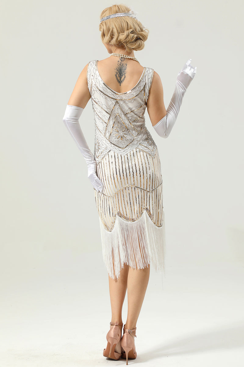 Load image into Gallery viewer, 1920 Retro White Sequins Fringe Dress