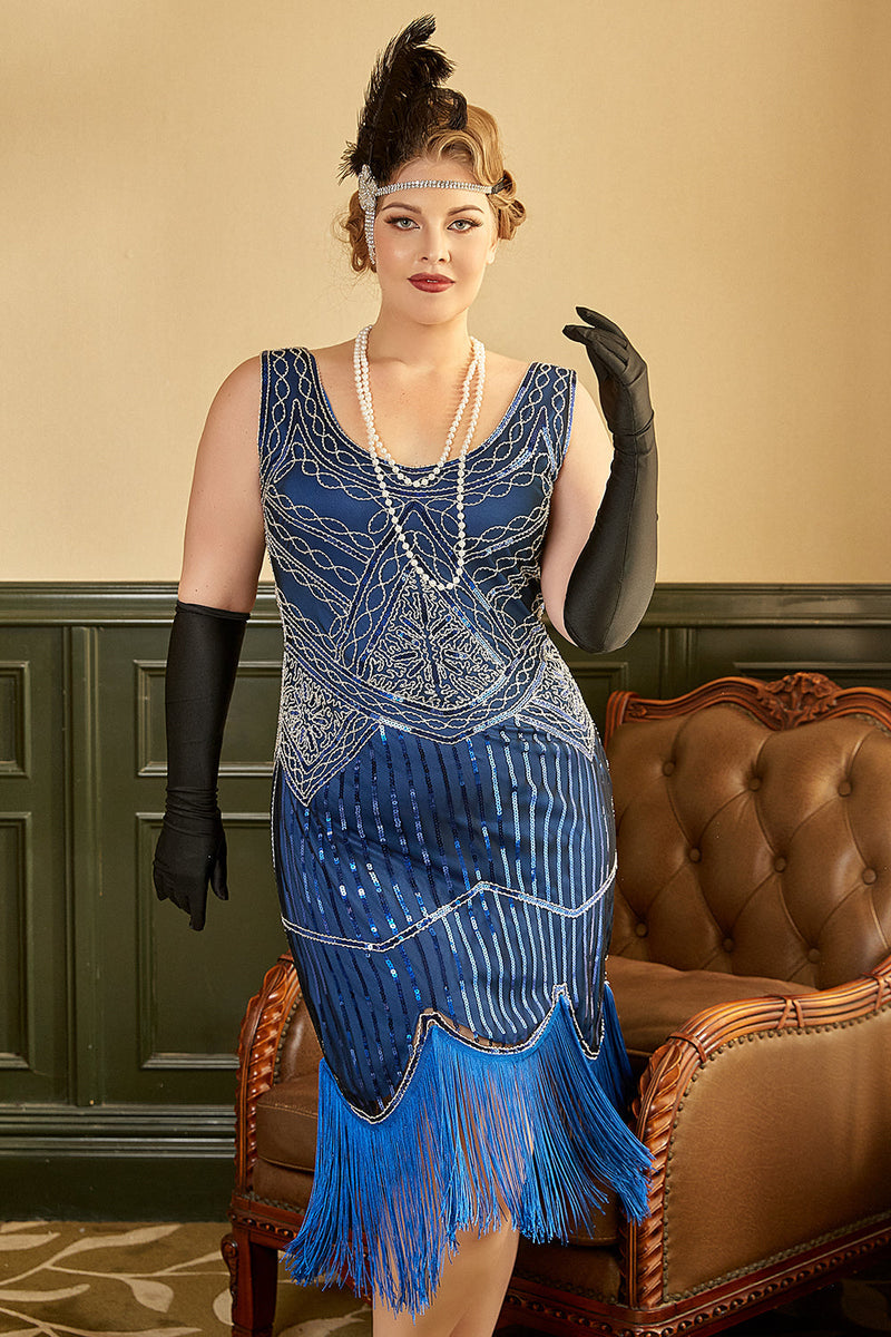 Load image into Gallery viewer, Royal Blue Plus Size 1920s Dress With Tassel