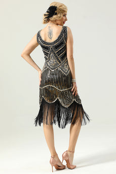 Black Deep V Neck Flapper 1920s Dress