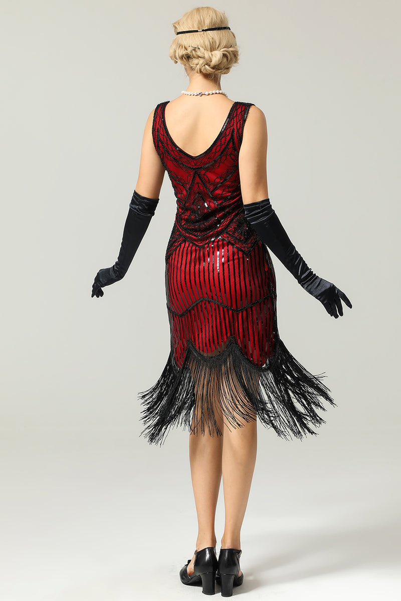 Load image into Gallery viewer, Black Deep V Neck Flapper 1920s Dress