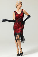 Load image into Gallery viewer, Red and Black Deep V Neck Flapper 1920s Dress