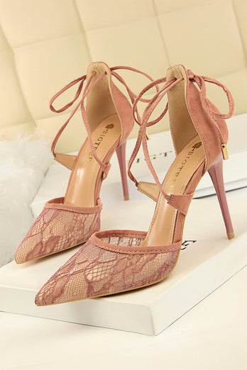 Shallow Pointed Toe Mesh Lace Cross Strap High Heels