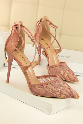 Shallow Pointed Toe Mesh Lace Cross Strap High Heels