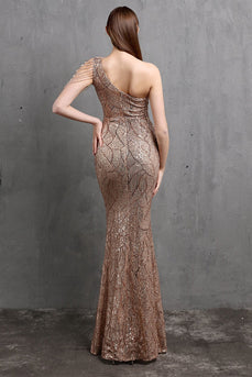 Gold Mermaid One Shoulder Sequin Formal Dresses