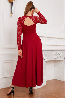 V-Neck Lace Red Wedding Guest Dress with Sleeves