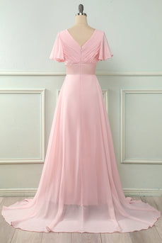 V Neck Pink Bridesmaid Dress with Ruffles