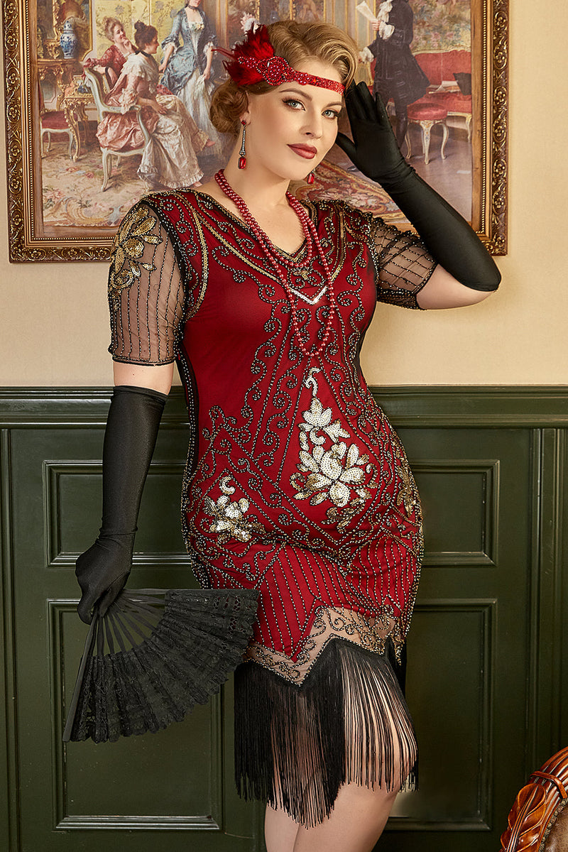 Load image into Gallery viewer, Black Golden Sequins Gatsby Fringed Plus Size 1920s Dress