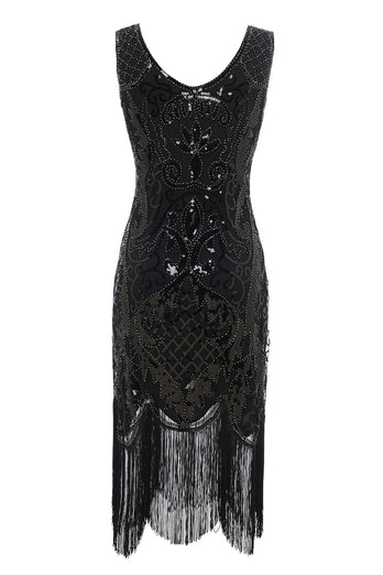 Black V-neck Fringe Sequins 1920s Dress