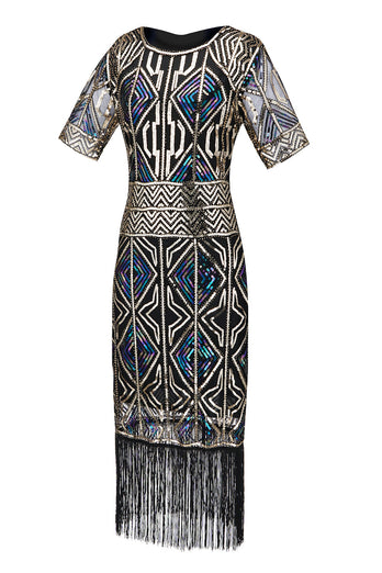 Blue Sequins Fringe Gatsby 1920s Dress with Sleeves
