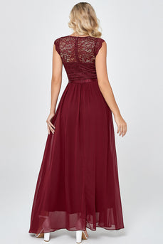 Burgundy Long Chiffon Formal Party Dress with Lace