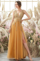 Load image into Gallery viewer, Deep V-Neck Champagne Long Formal Dress with Beading