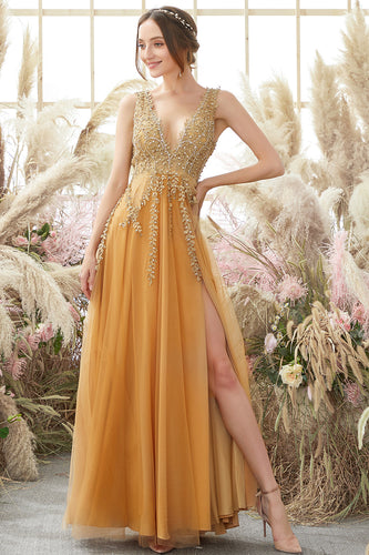 Deep V-Neck Champagne Long Formal Dress with Beading