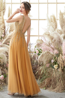 Deep V-Neck Champagne Long Formal Dress with Beading