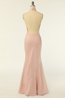 Mermaid Halter Blush Long Bridesmaid Dress with Backless